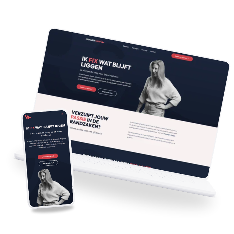Mockup van een laptop en smartphone waarop de responsive website van Manager Happy wordt getoond